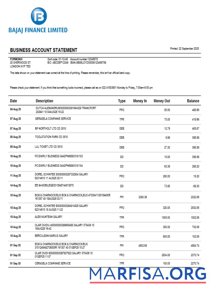 Blank Bajaj Finance Limited business firm account bank statement Word and PDF format example